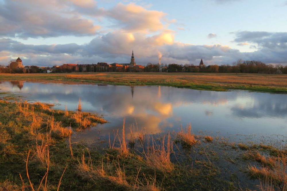 Greifswald in evening light with wet landscape in the foreground.