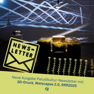 Announcement newsletter, peat moss in front of light art.